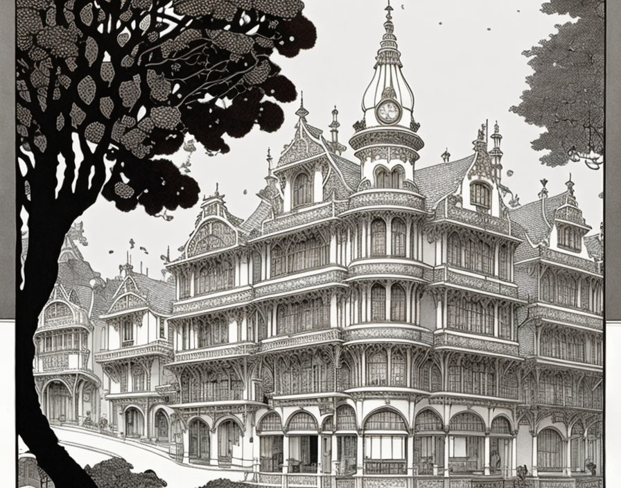 Detailed Black and White Victorian Mansion Illustration with Tower and Balconies