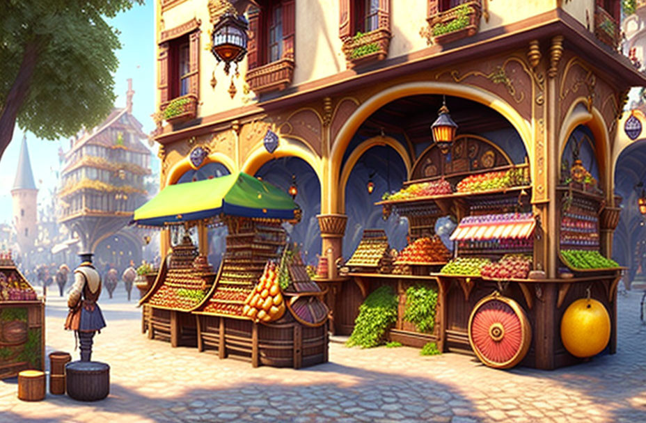 Vibrant fruit stalls by old building with character in cloak on cobblestone street