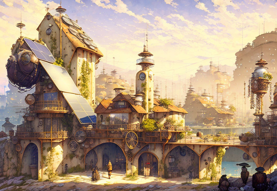Whimsical sunlit cityscape with solar panels and cloaked figures