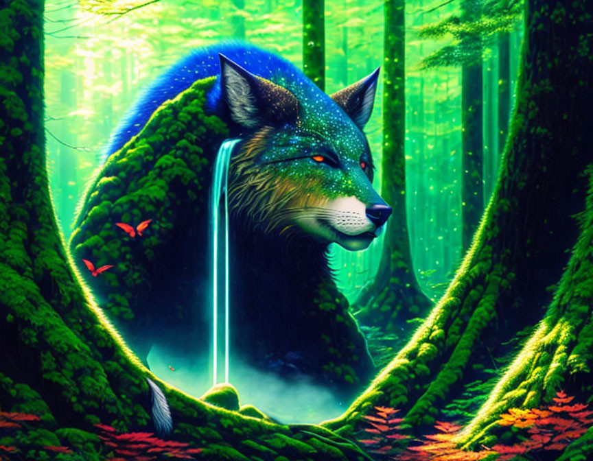 Glowing mystical fox in lush forest with light beams and butterflies