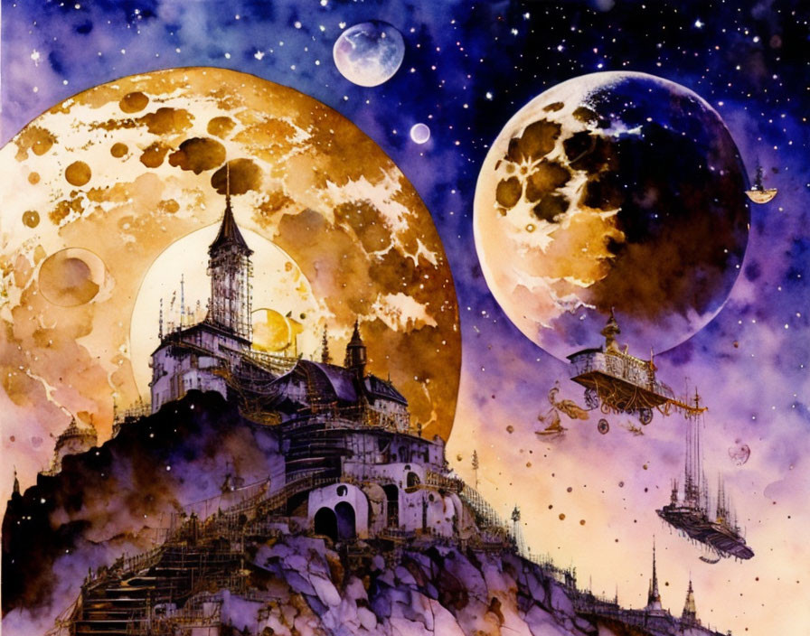 Celestial watercolor painting: multiple moons, hilltop castle, airborne galleon.