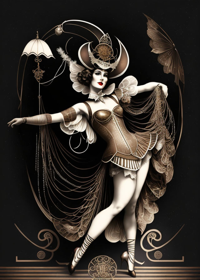 Art deco style theatrical character in ornate costume and wings.