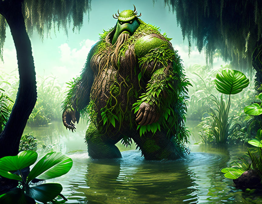 Green moss-covered creature in lush swampy forest
