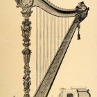 Detailed Steampunk Harp Illustration with Mechanical Gears and Bird