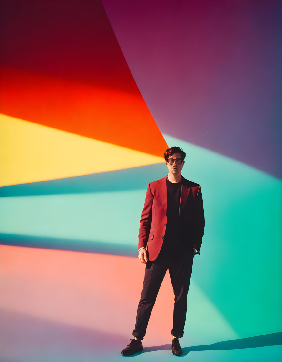 Man in Red Blazer and Sunglasses on Colorful Geometric Background