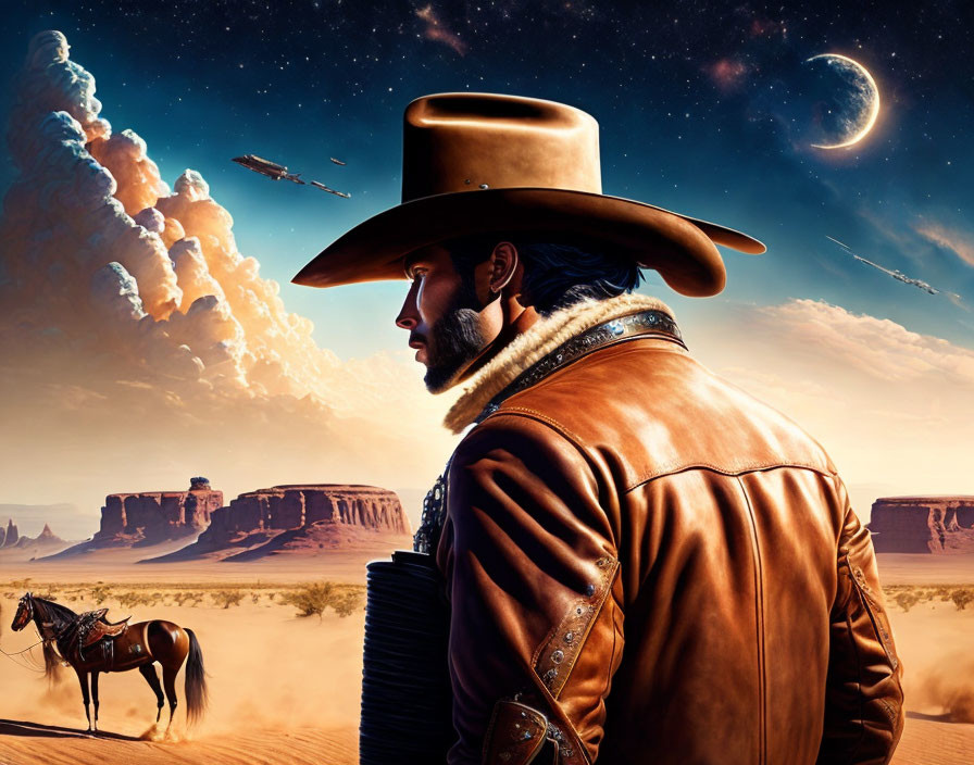 Cowboy with horse in desert landscape under crescent moon and spaceship.