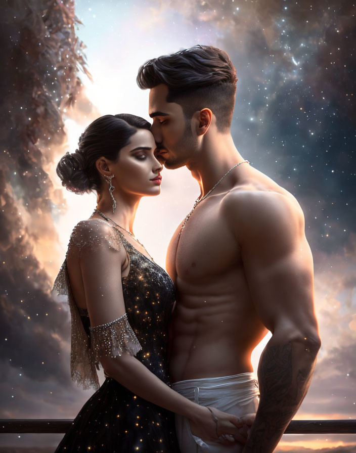 Shirtless man and woman in glittery dress embrace under cosmic stars.
