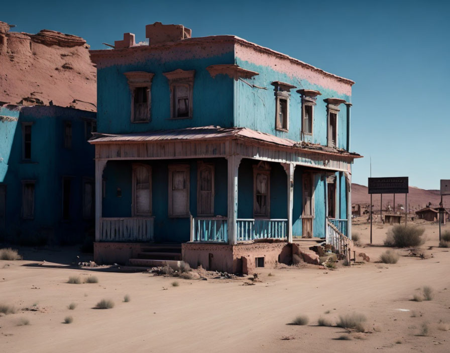 Abandoned blue two-story building in desert landscape