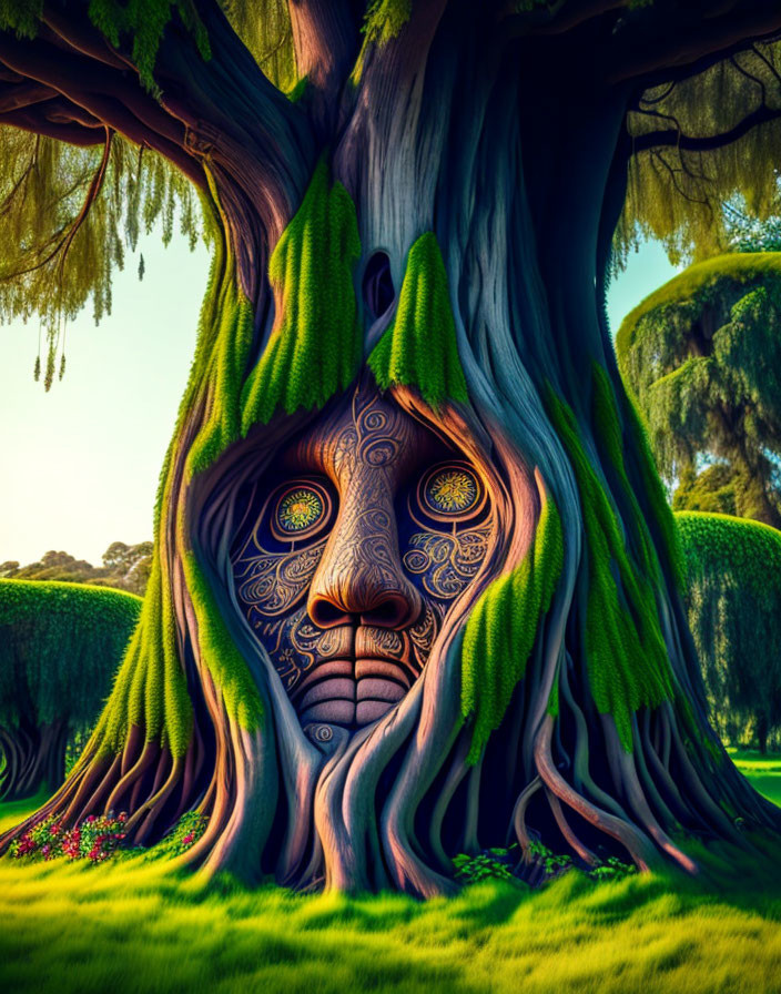 Colorful whimsical tree with human-like face in lush green landscape