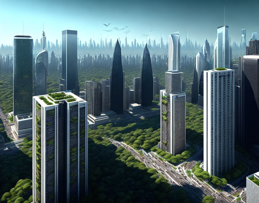 Futuristic cityscape with skyscrapers and greenery under blue sky