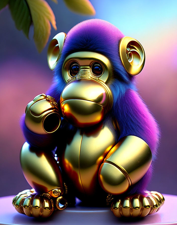 Vibrant digital artwork of a stylish monkey with gold and purple fur