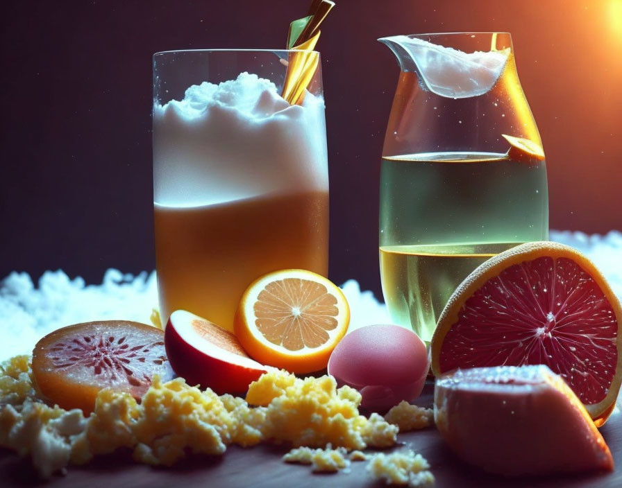 Frothy beverage with citrus fruits, eggs, and scrambled eggs on dark background
