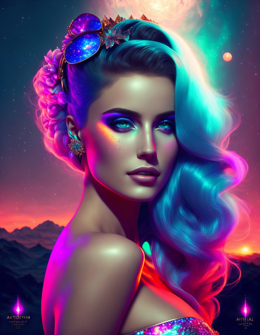 Vibrant blue hair digital portrait with cosmic background