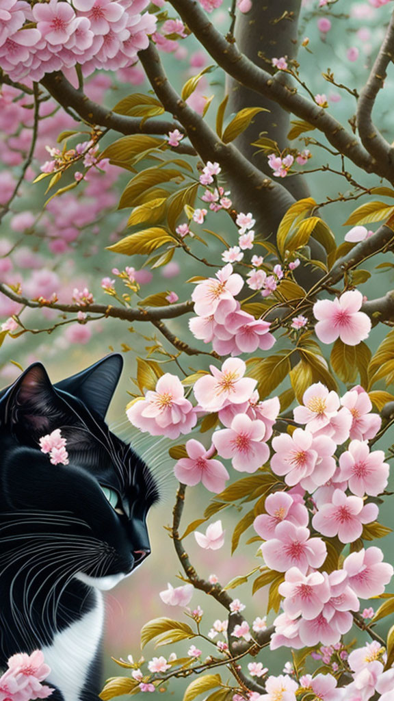 cat and  beautiful cherry blossoms