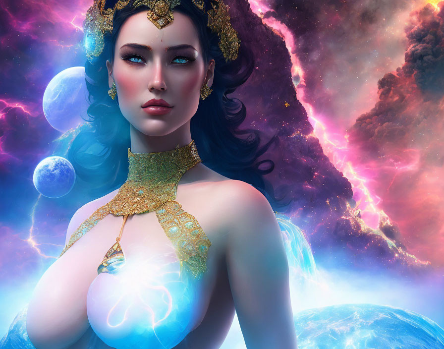 Digital Artwork Featuring Woman with Gold Jewelry and Cosmic Background