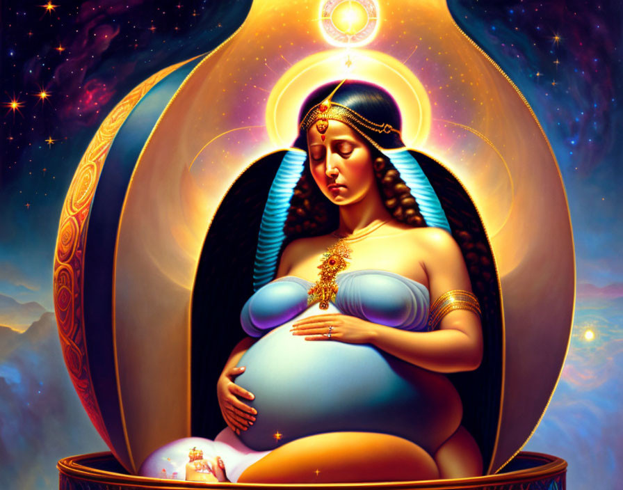 Vibrant surreal painting of pregnant woman with cosmic and spiritual elements