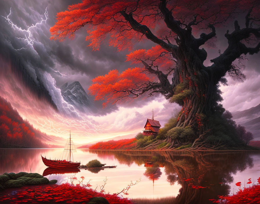 Dramatic landscape with ancient tree, serene lake, boat, and lightning strike