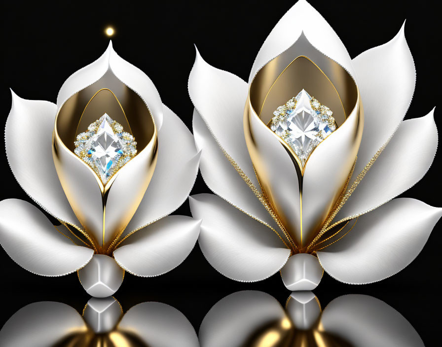 Stylized white and gold flowers with diamond centers on dark surface