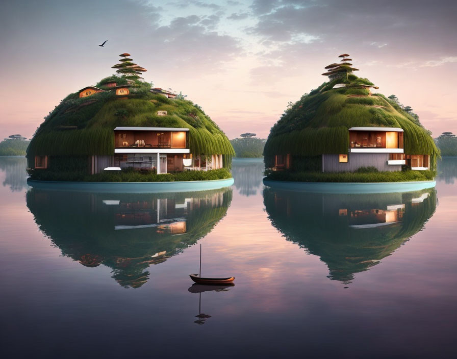 Symmetrical Grass-Covered Island House Reflected in Calm Water