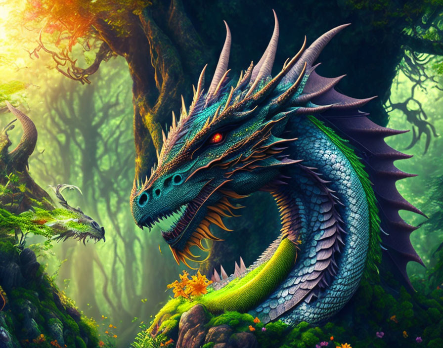 Detailed blue-scaled dragon with red eyes and horns in mystical forest