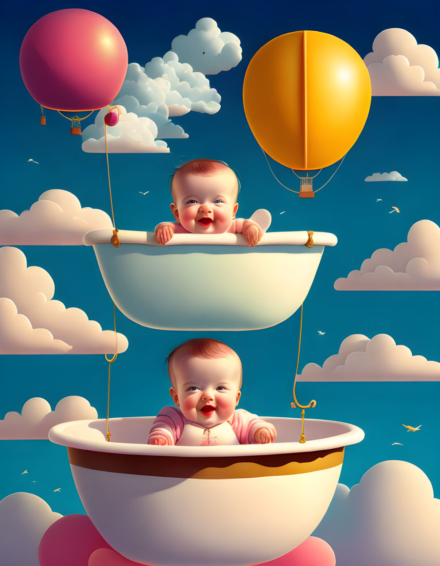 Smiling Babies in Floating Bathtubs with Balloons on Blue Sky Background