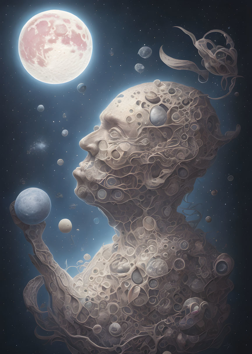 Surreal cosmic portrait: Moon figure in starry space