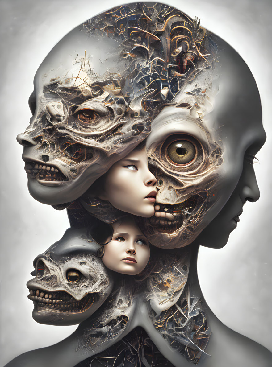 Cluster of Human and Skull Faces with Mechanical Details
