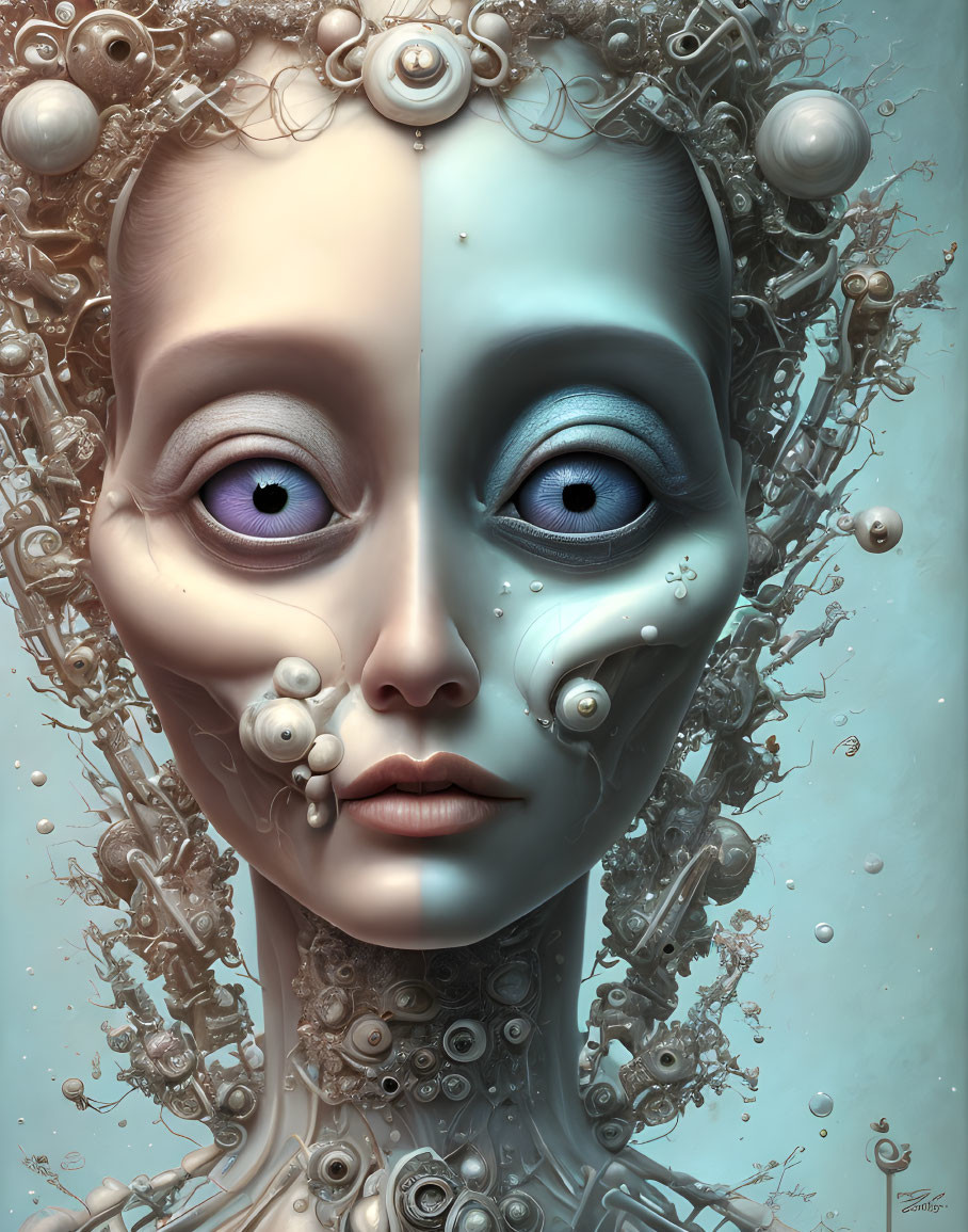 Symmetrical Blue and Grey Android Face with Mechanical Details