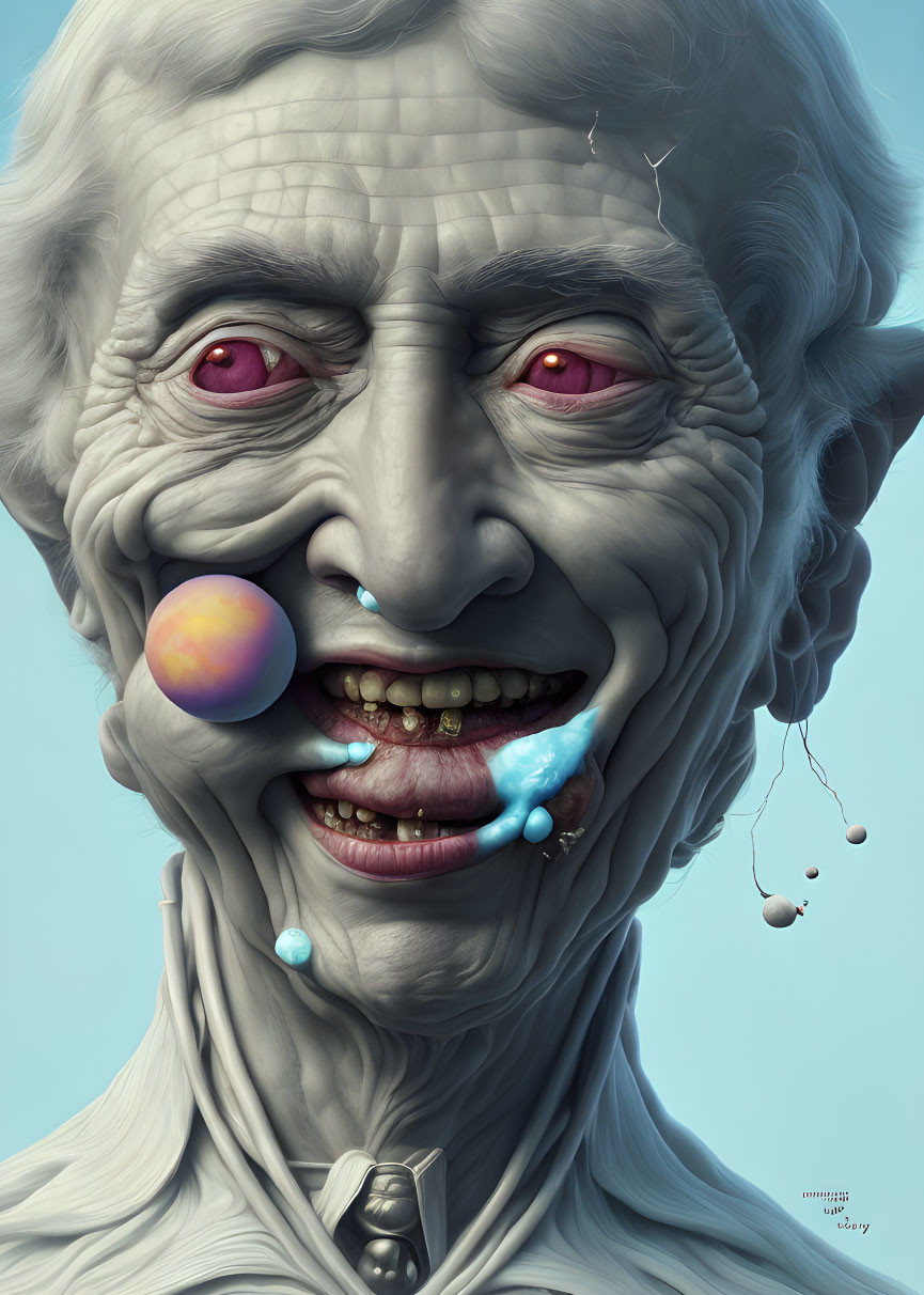 Surreal portrait of elderly person with exaggerated features