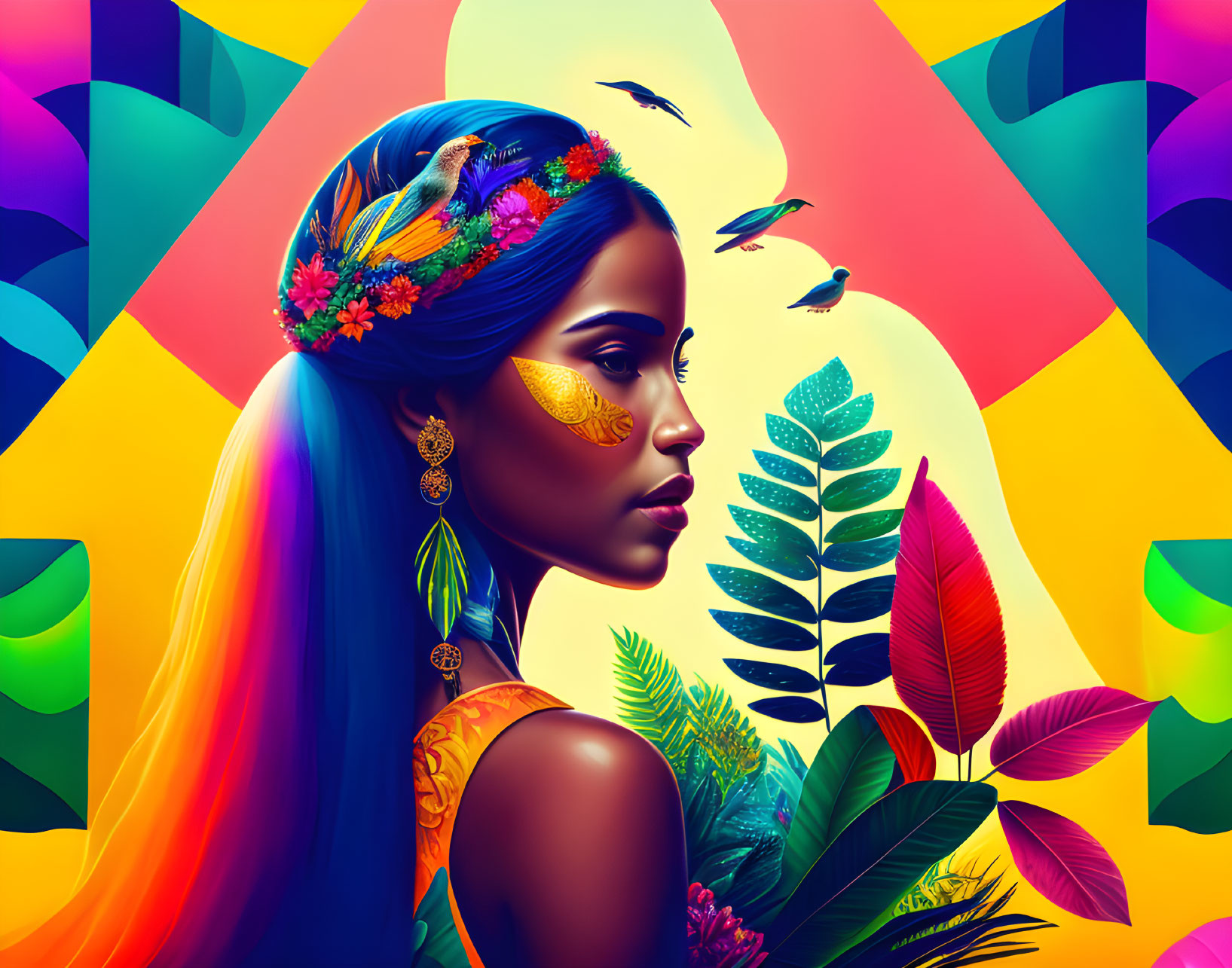 Colorful digital artwork featuring woman with floral and bird motifs in tropical setting.