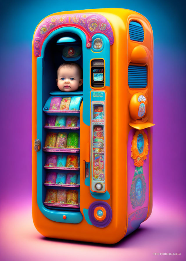 Colorful Baby in Fantastical Toy Vending Machine on Purple Background