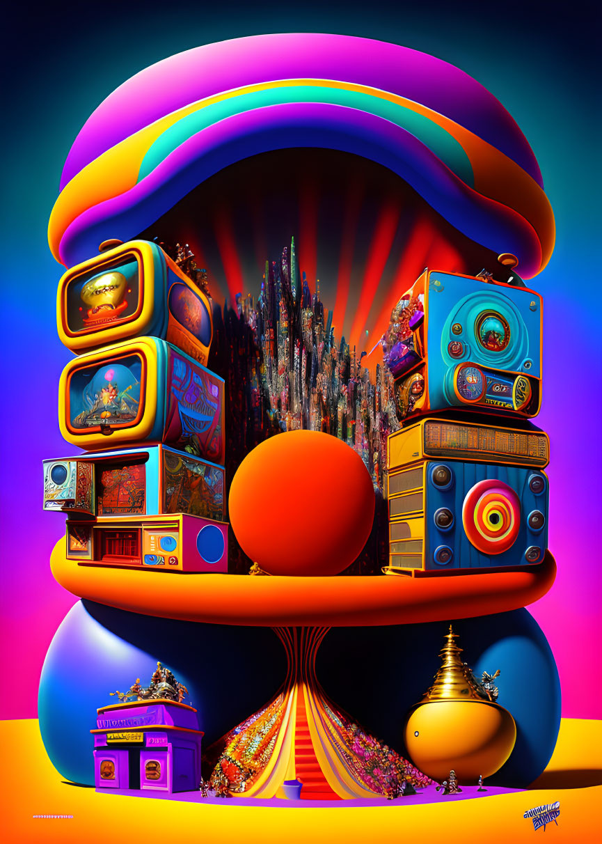 Colorful Psychedelic Artwork with Giant Mushroom, Retro TVs, Speakers, Cityscape, and