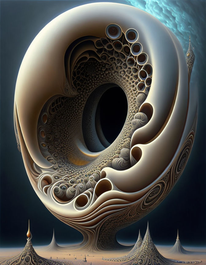 Abstract fractal art: Spiraling snail shell structure on blue gradient.