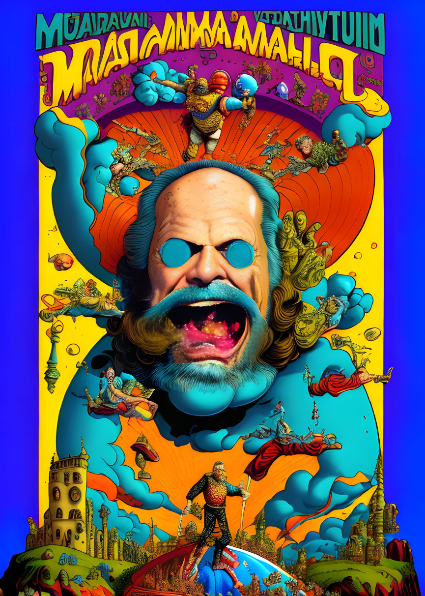 Colorful Psychedelic Poster with Round Blue Sunglasses and Surreal Illustrations