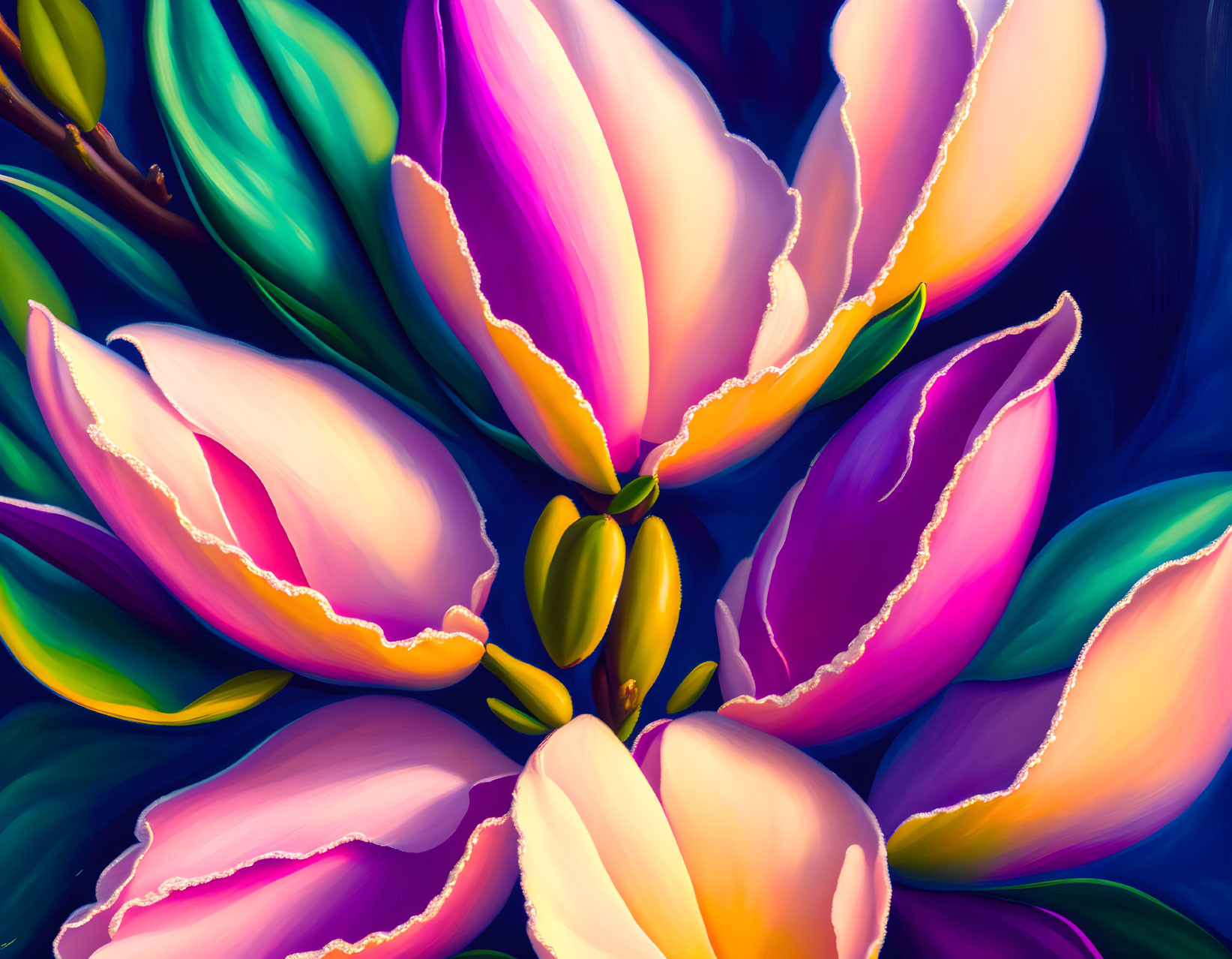 Colorful digital artwork featuring stylized tulips in pink, purple, and blue