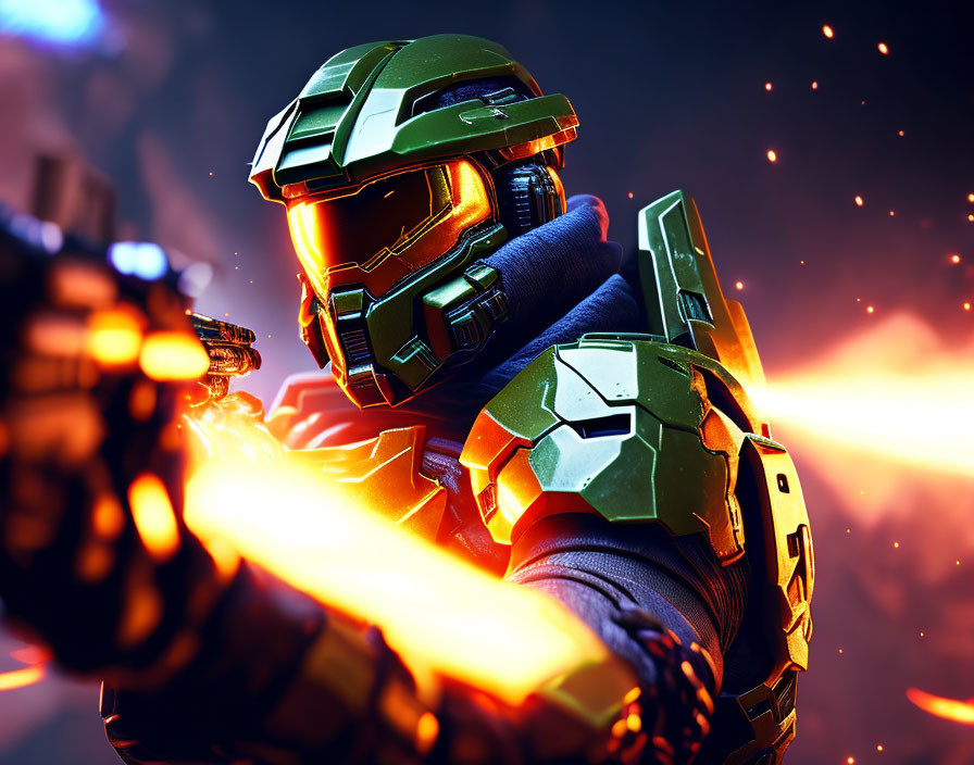 Futuristic green-armored soldier with plasma weapon and fiery particles.