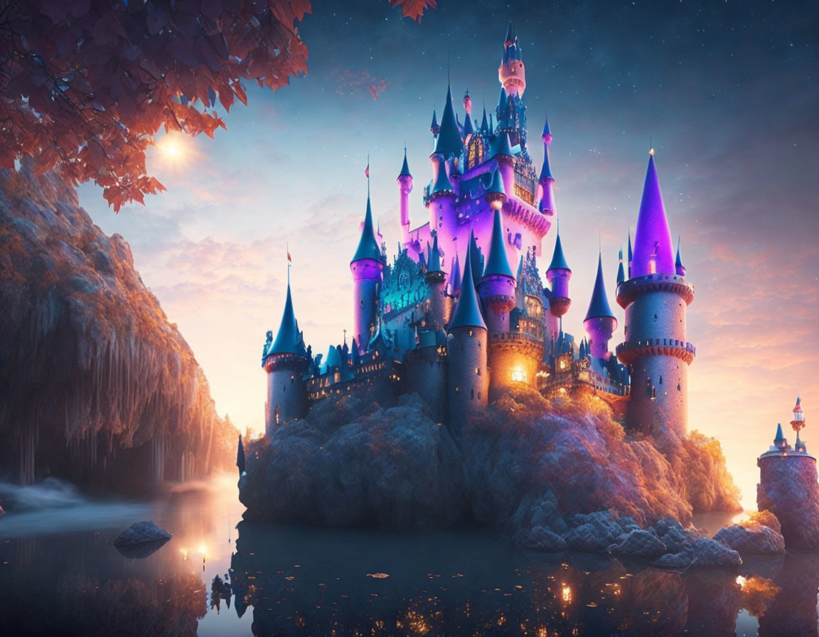 Fantastical castle with illuminated towers in twilight setting