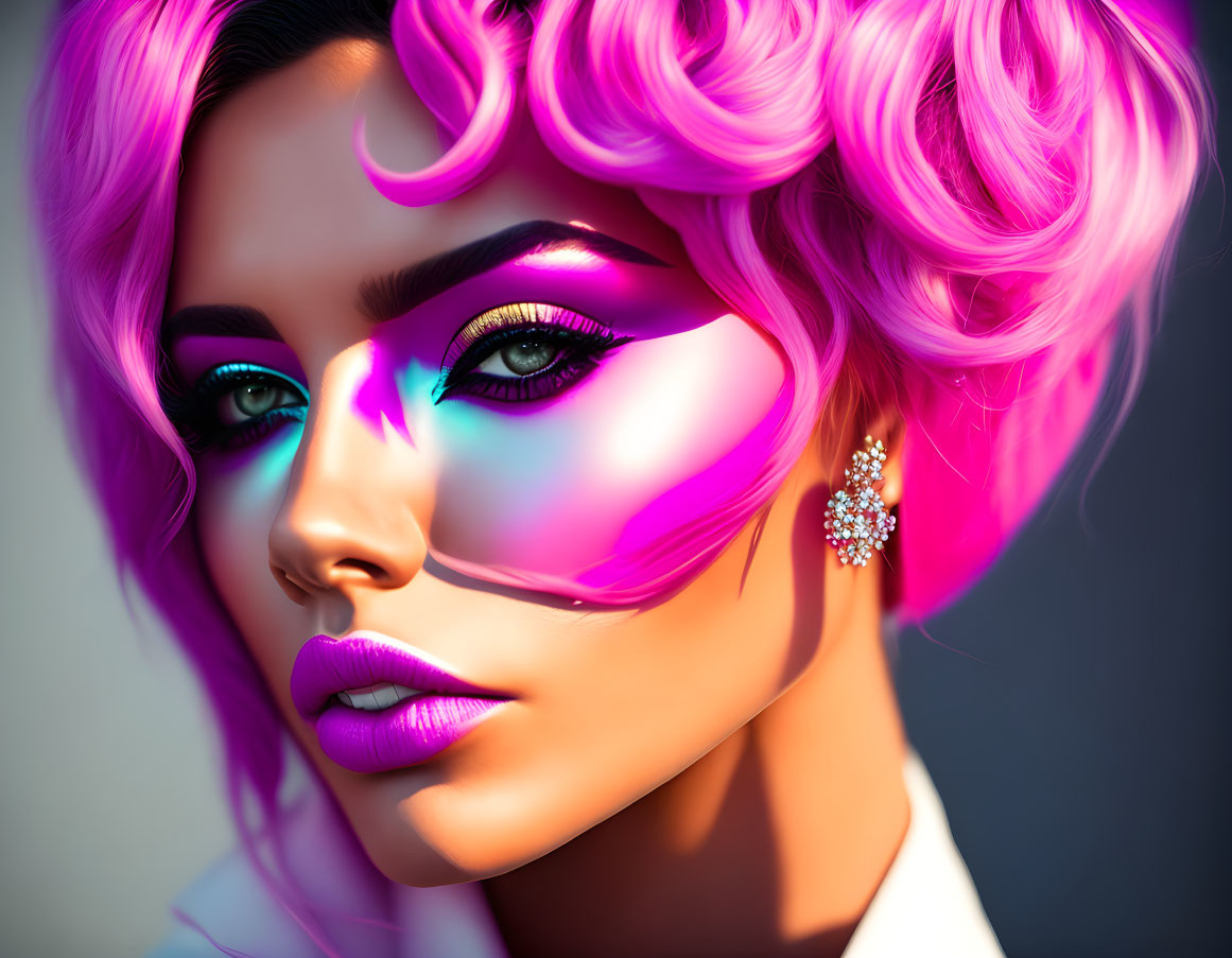 Vibrant Pink-Haired Woman 3D Illustration with Blue Eyes