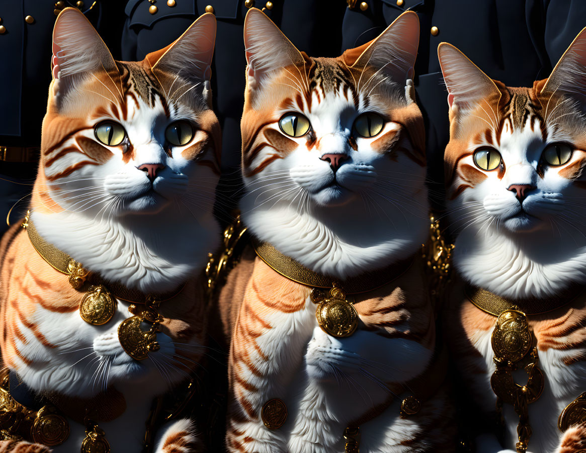 Three ornately adorned felines with striking eyes in golden accessories aligned tightly against a dark backdrop.