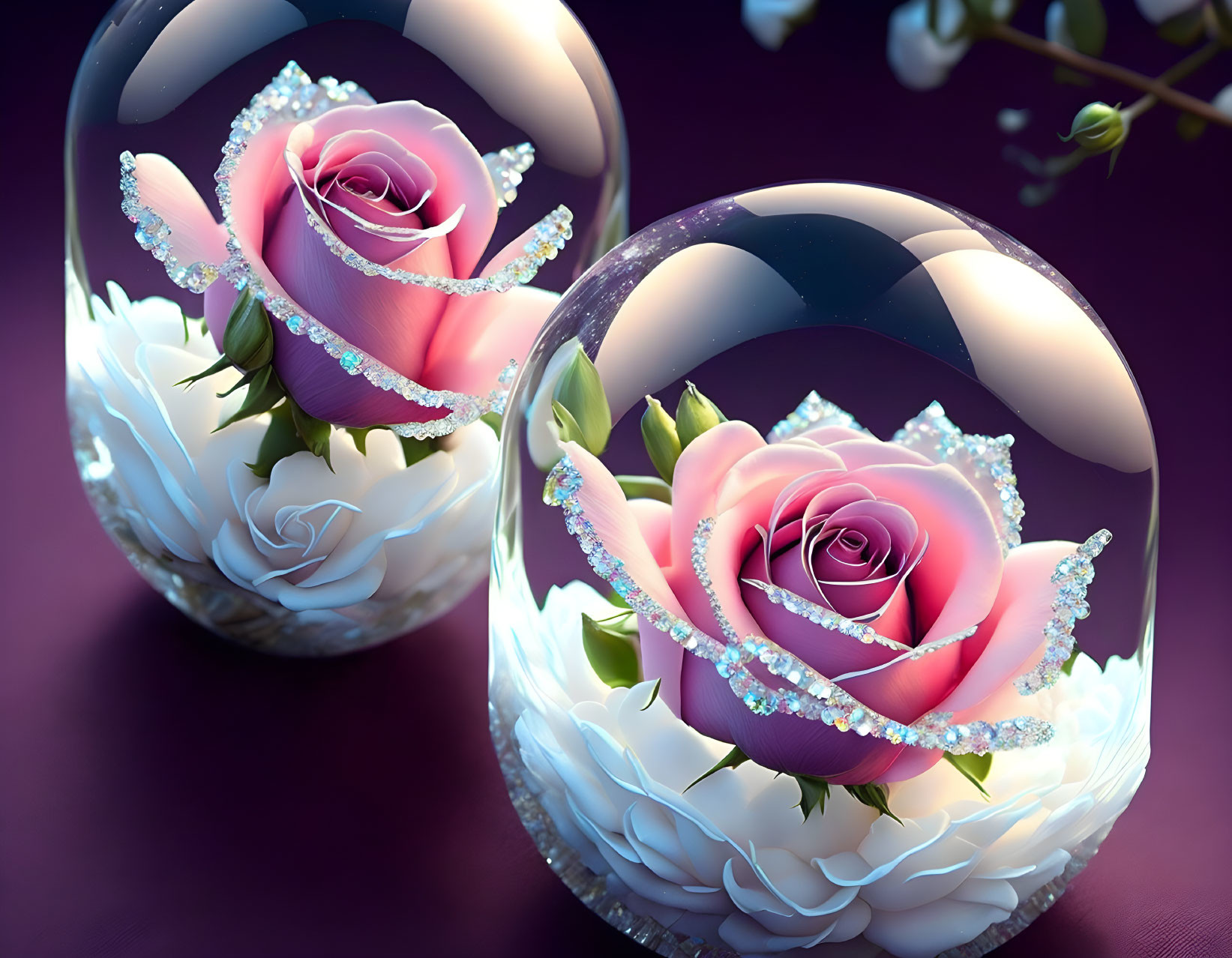 Shimmering crystal spheres with pink roses, white petals, and jewels on purple background
