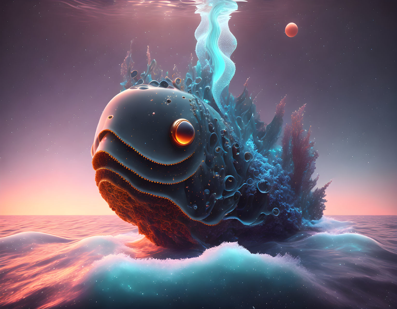 Fantastical floating creature with eye in surreal ocean sunset.