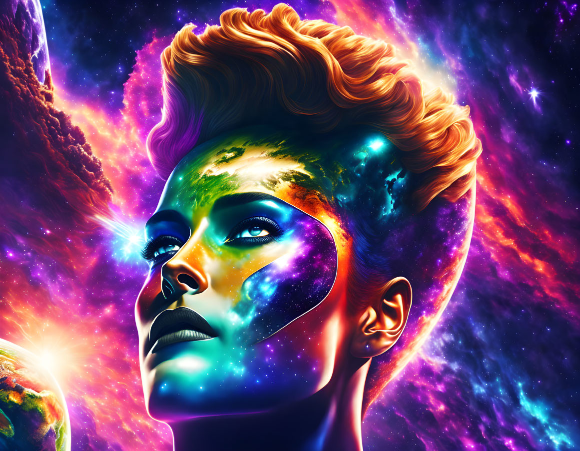 Colorful digital art: Woman's face merges with cosmic elements