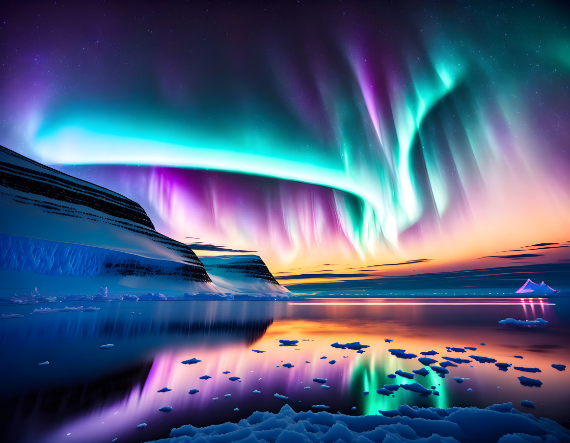 Northern Lights (Aurora Borealis) in Purple and Green Hues Reflecting in Snow