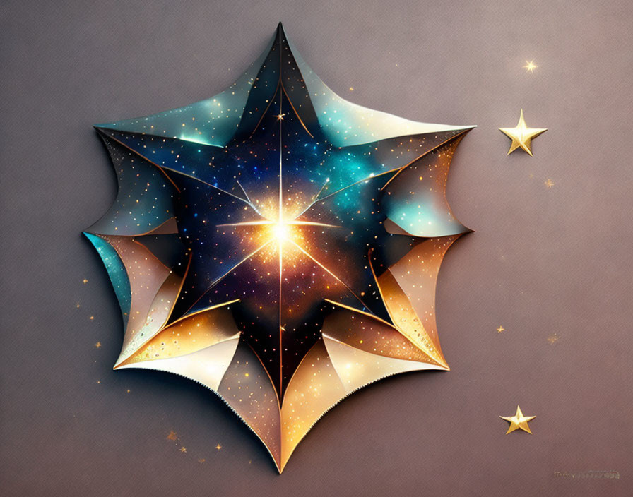 Cosmic 3D Star Graphic with Golden Edges on Brown Background