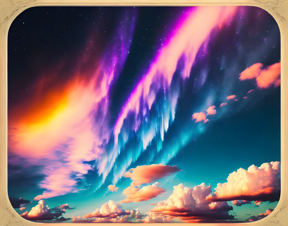 Twilight sky with vibrant aurora borealis and fluffy clouds