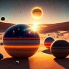 Desert landscape with floating celestial bodies and large moon