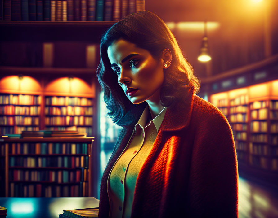 woman in bookstore, Cinestill color tone, jazzy