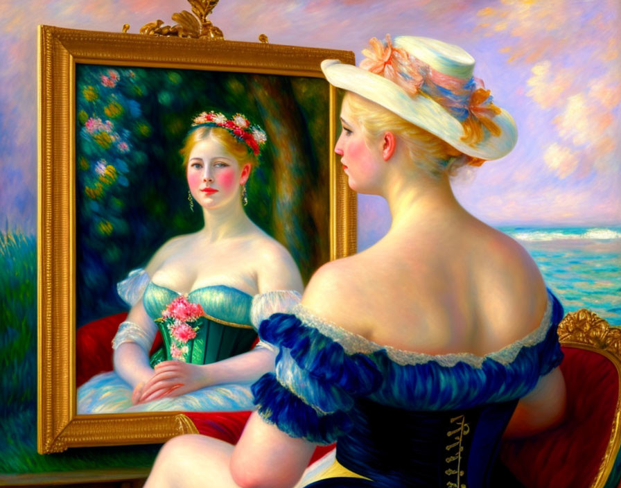 one Renoir woman admiring another in oil painting