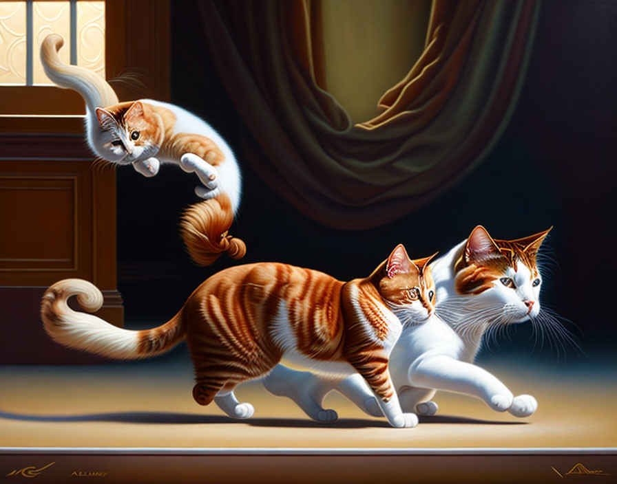 Three Orange and White Cats Playing in Sunny Room