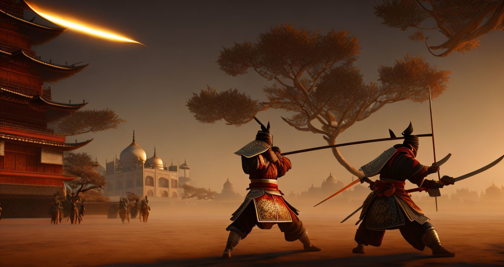 2 samurais fighting in front of taj mahal